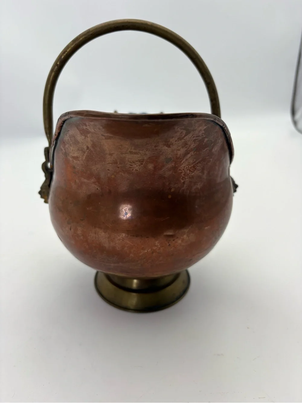 Vintage Copper Coal Scuttle with Brass and Blue and White Porcelain Handle